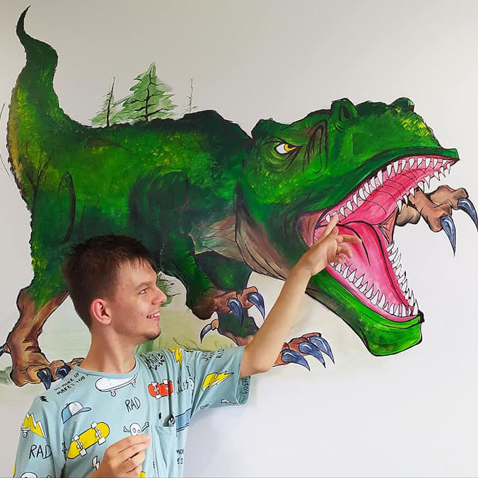 Kolorowy dinozaur T-Rex w scenerii dżungli